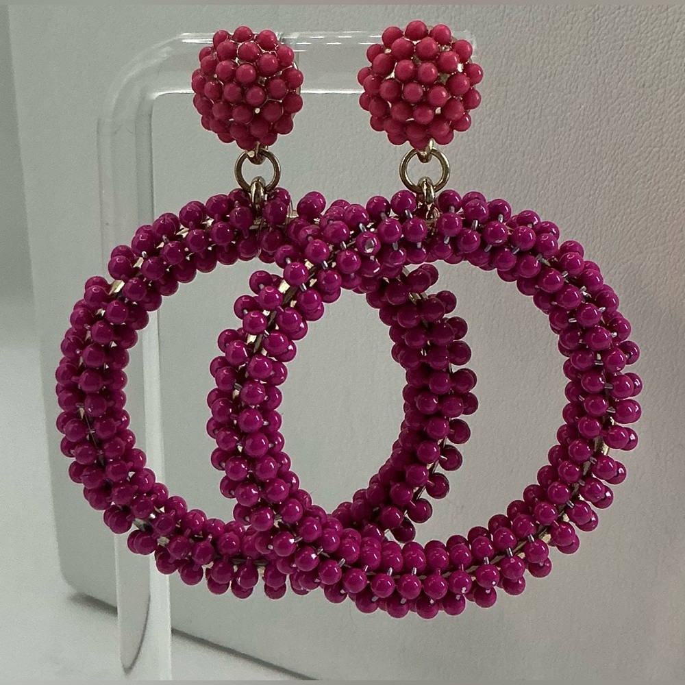 SUGARFIX BRIGHT PINK SEED BEAD CLUSTER HOOP DROP EARRINGS
